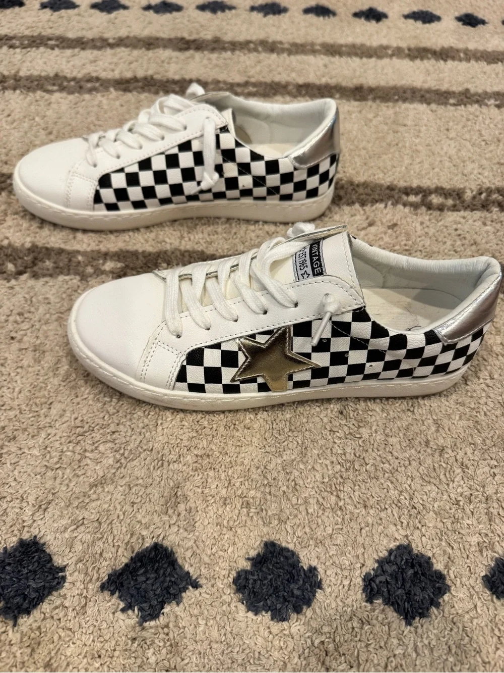 Vintage Havana White Sneakers with Black Checkerboard and Gold Star Accent